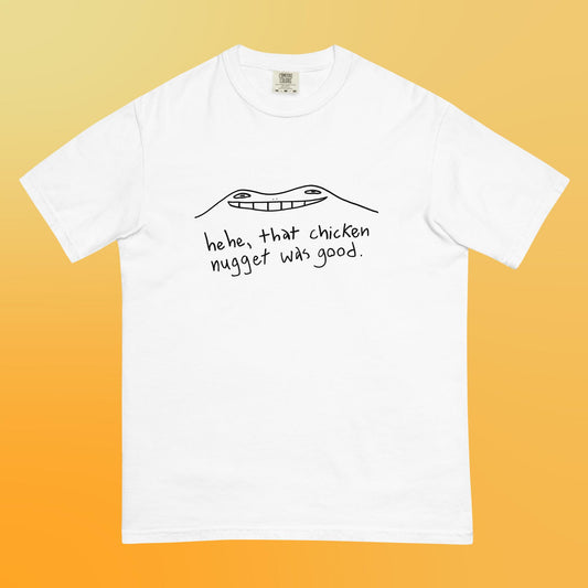 hehe, that chicken nugget was good (frog t-shirt)